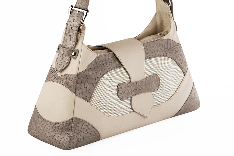 Champagne white, gold and taupe brown women's dress handbag, matching pumps and belts. Front view - Florence KOOIJMAN